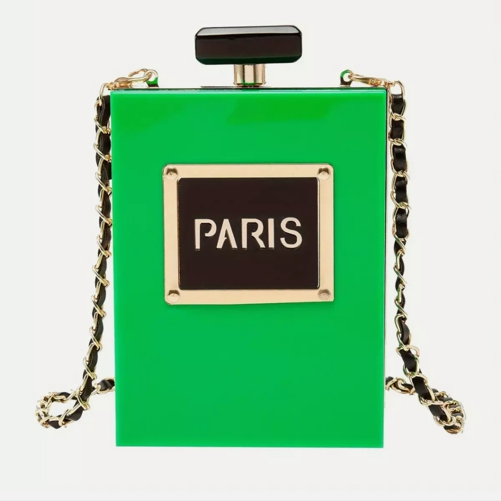 Paris Green Perfume Bottle Acrylic Crossbody Clutch – Gold Chain